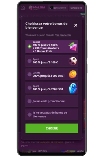 Choisissez votre bonus de bienvenue