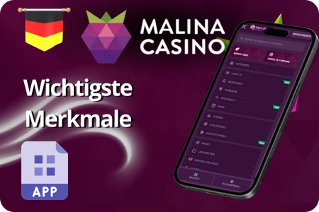 Malina Casino mobile app wichtige Funktionen