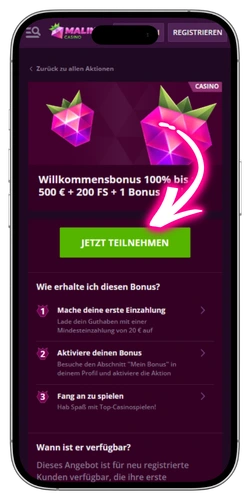 Malina Casino Bonusbereich aktivieren Deutschland